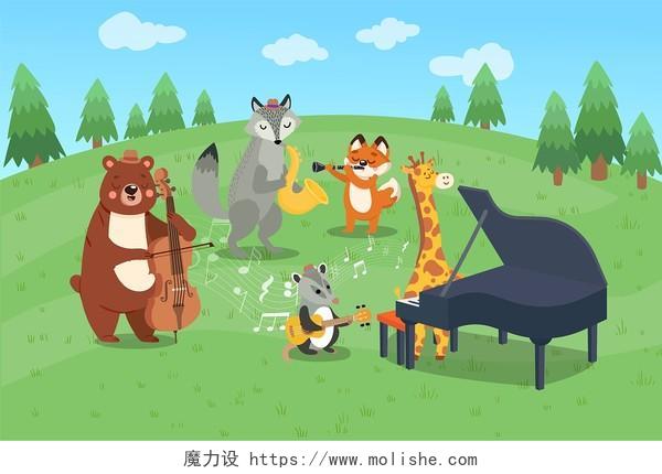 卡通户外动物演奏乐器音乐插画背景素材